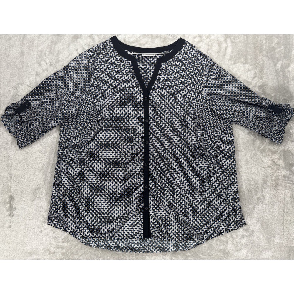 Catherines Button Up Tunic Top Plus Size 2X Black Blue Geometric Roll Tab Sleeve